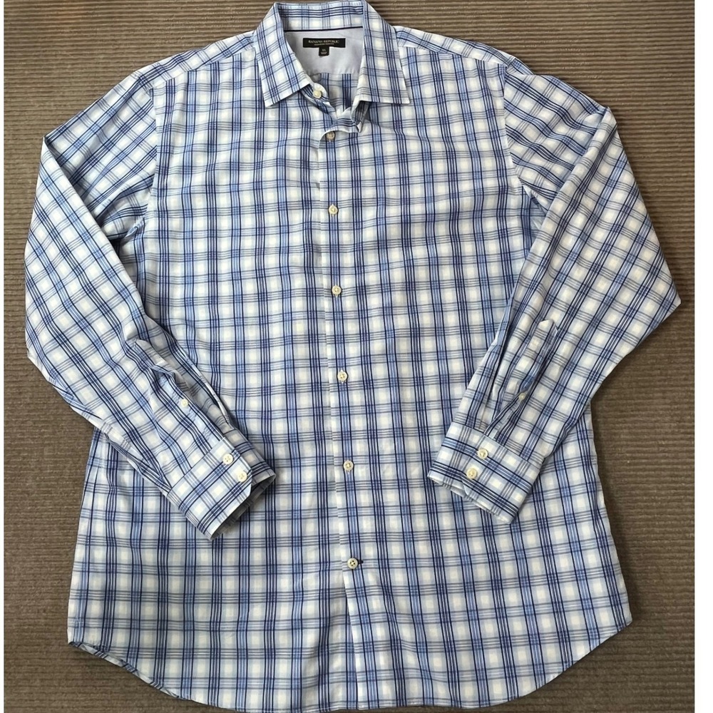 Banana Republic Men XL Blue White Plaid Non-Iron Slim Fit Cotton Button Up Shirt